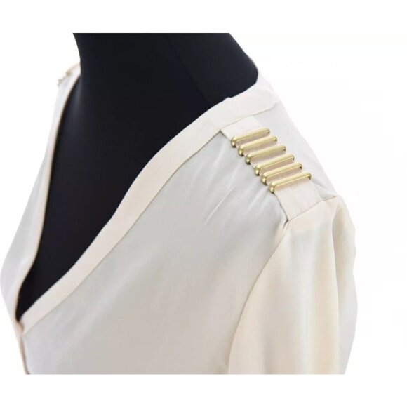 H&M Womens Sz 10 Military Satin Silky Tunic Top Popover V Neck Ivory m - Picture 9 of 12
